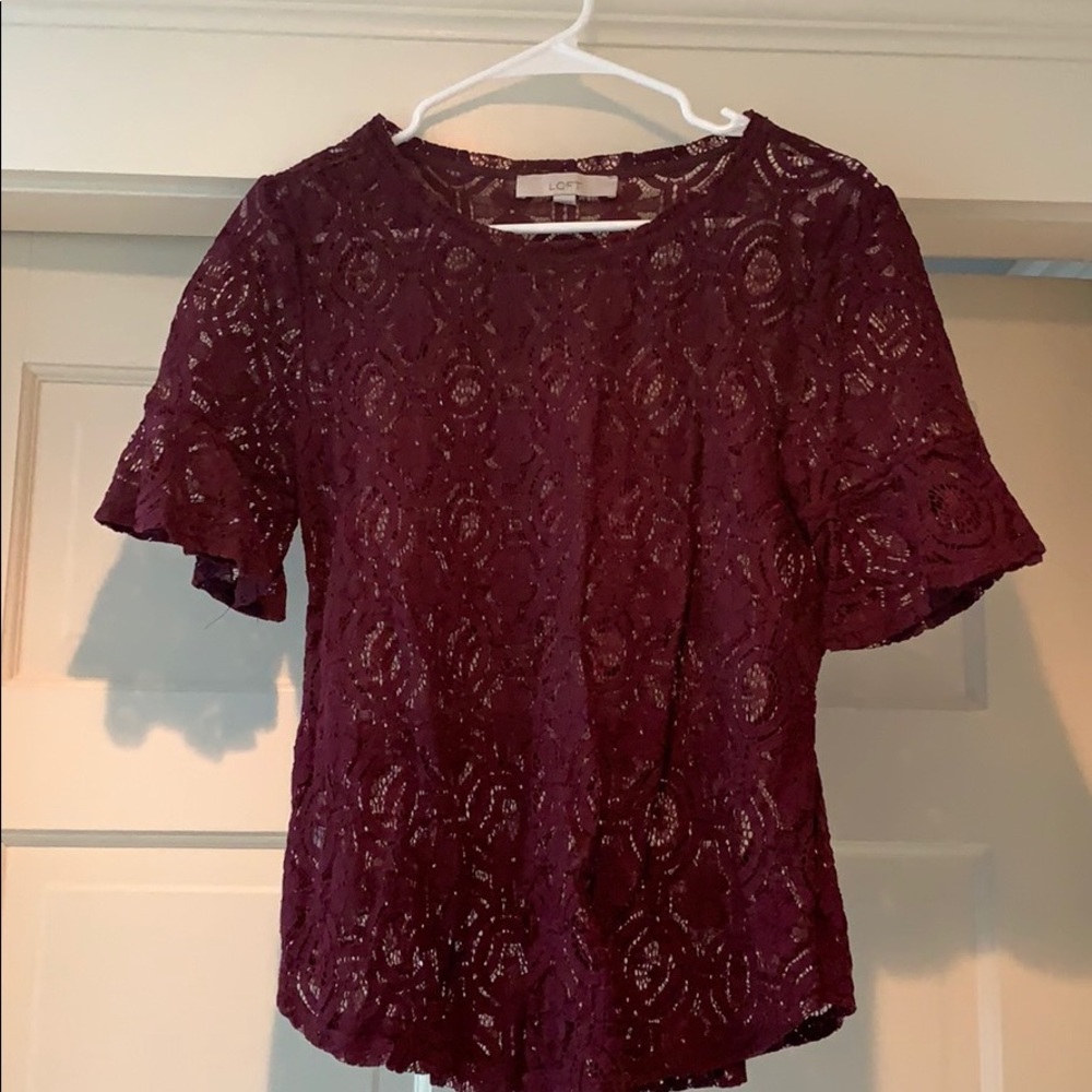 LOFT maroon lace flutter sleeve top